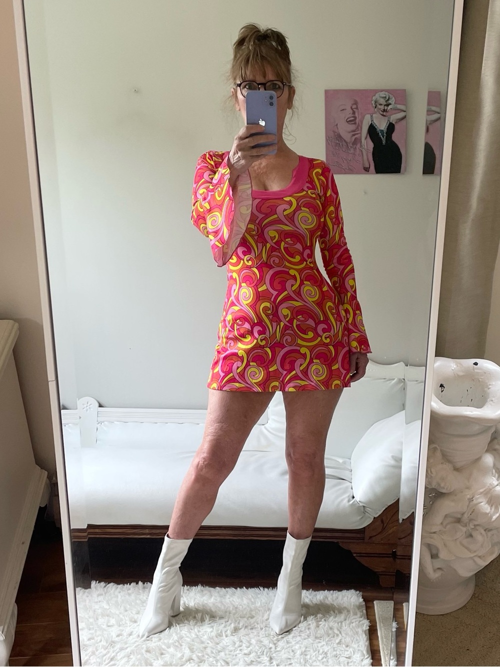 DREAM GIRL PSYCHEDELIC LONG SLEEVE MINI DRESS RUFFLED CUFFS  YELLOW PINK ORANGE